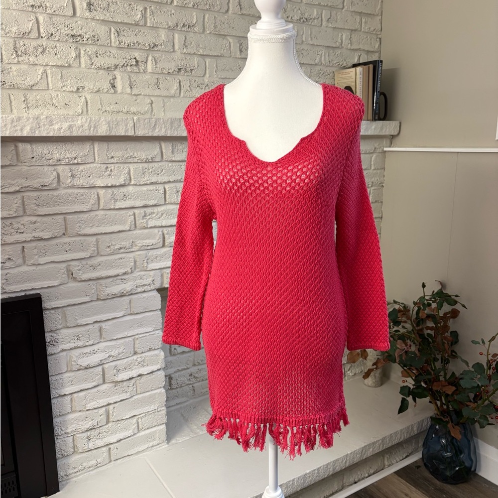 Tribal Bright Pink Knit V-Neck Open Knit Sweater with Fringe Hem. Size Large